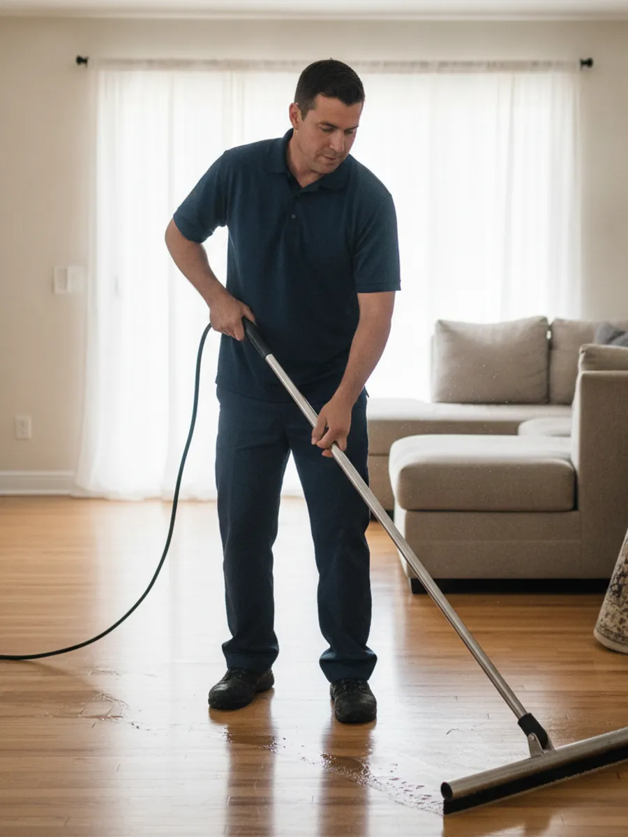 Water damage restoration technician extracting water from a flooded Van Nuys home