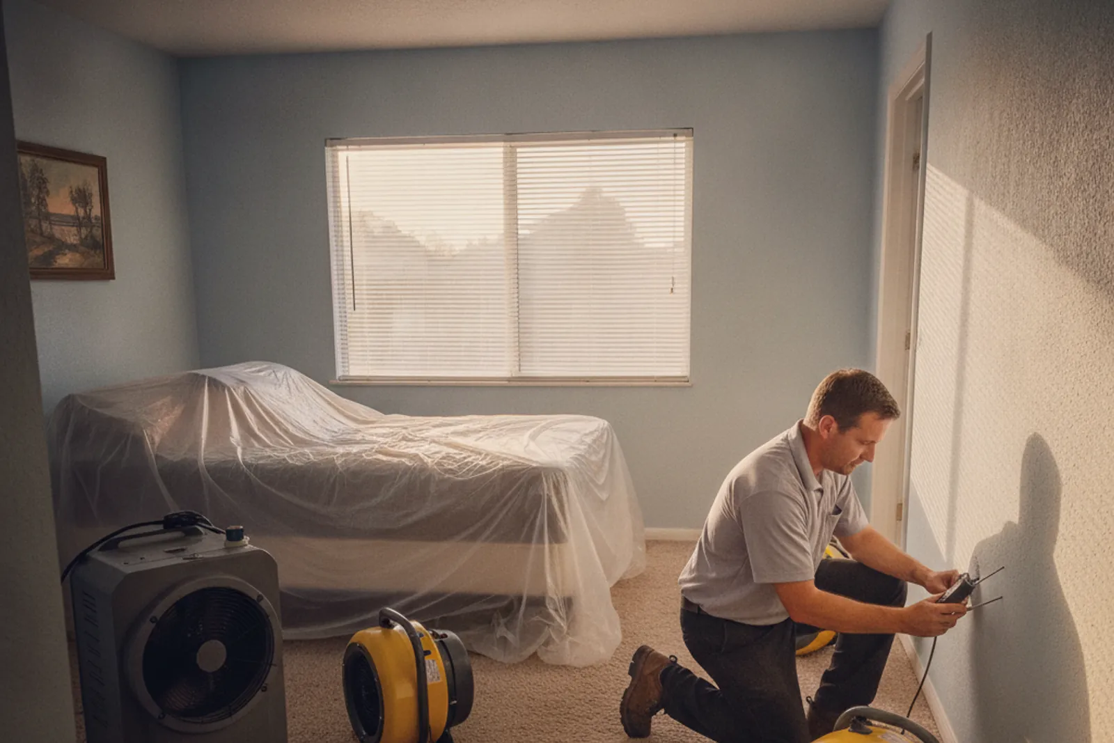 Commercial air movers and dehumidifiers drying a water-damaged Van Nuys home